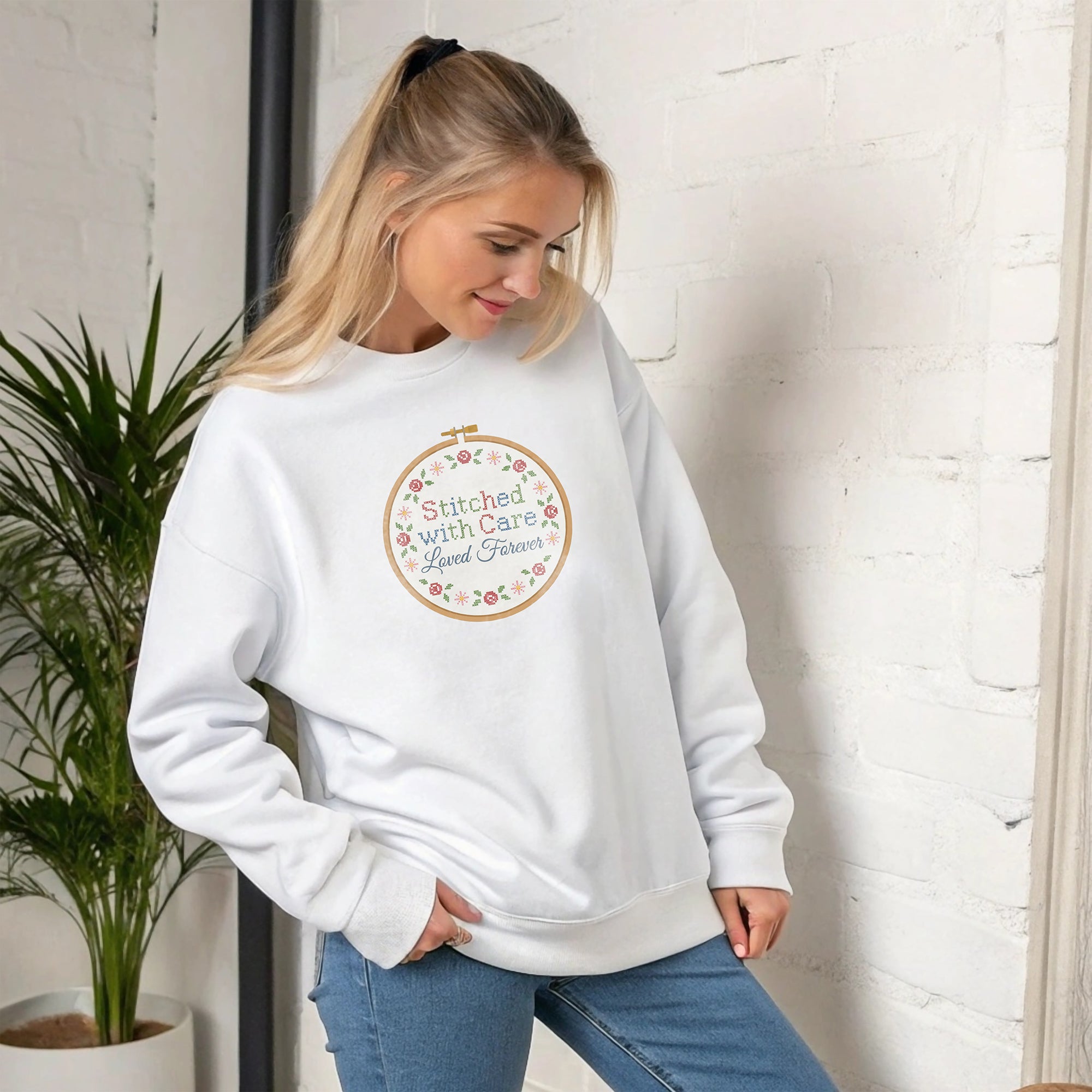 Stitched With Care Loved Forever Sweatshirt – Cozy Craft Mom Gift