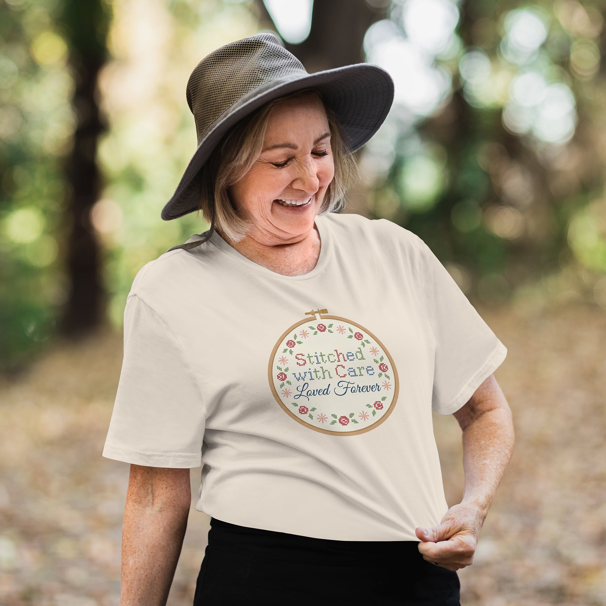 Stitched With Care Loved Forever T-Shirt – Embroidery Mom Gift
