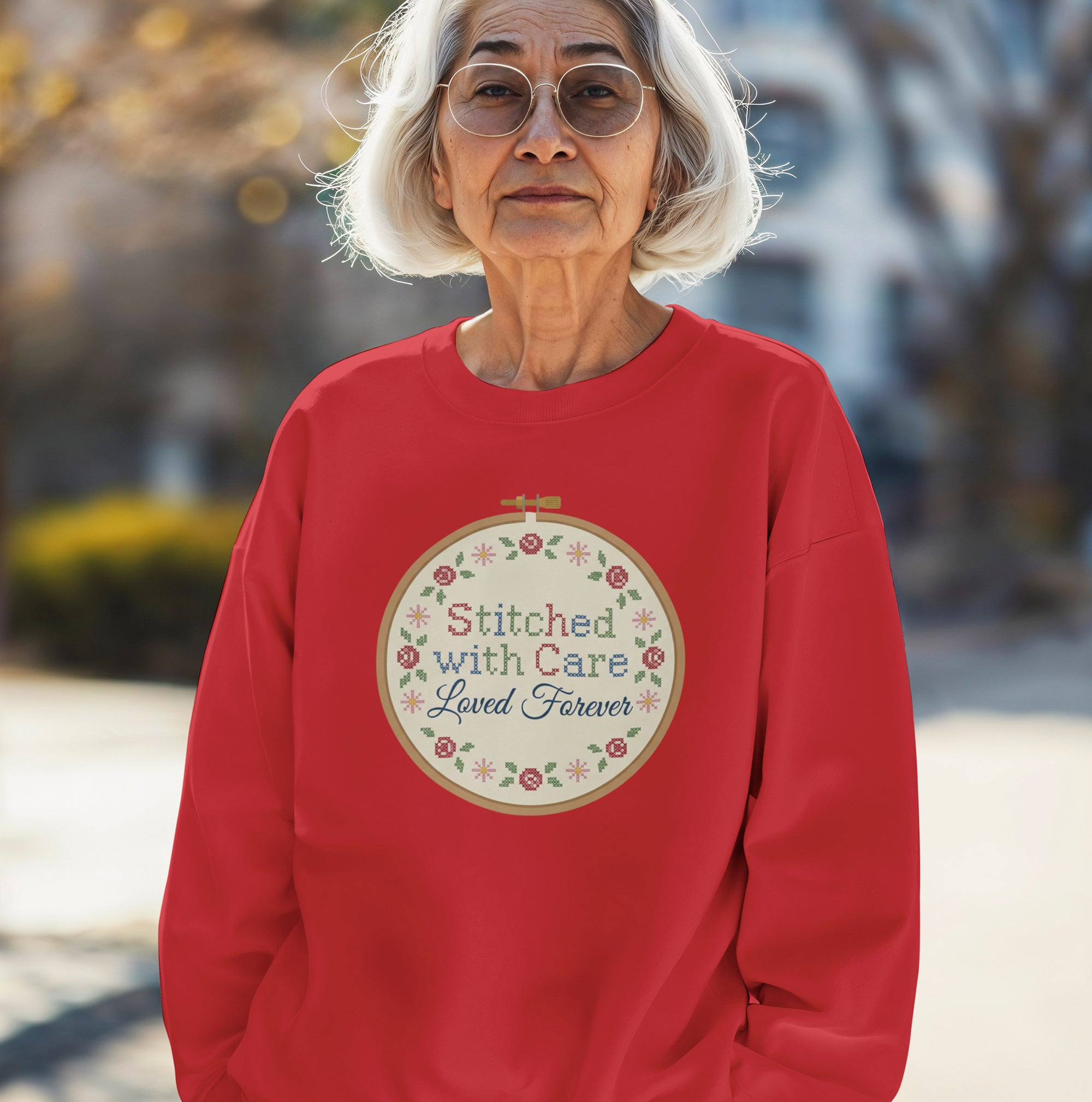 Stitched With Care Loved Forever Sweatshirt – Cozy Craft Mom Gift