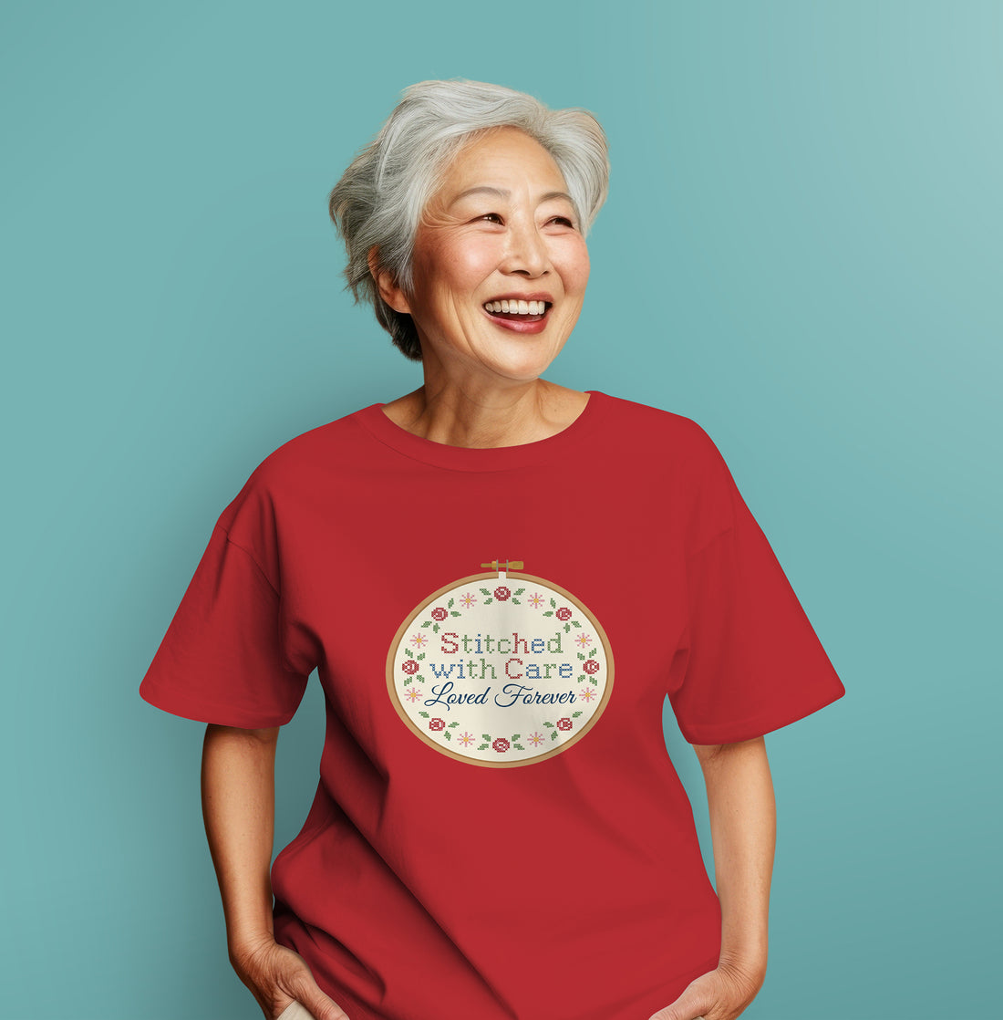 Stitched With Care Loved Forever T-Shirt – Embroidery Mom Gift