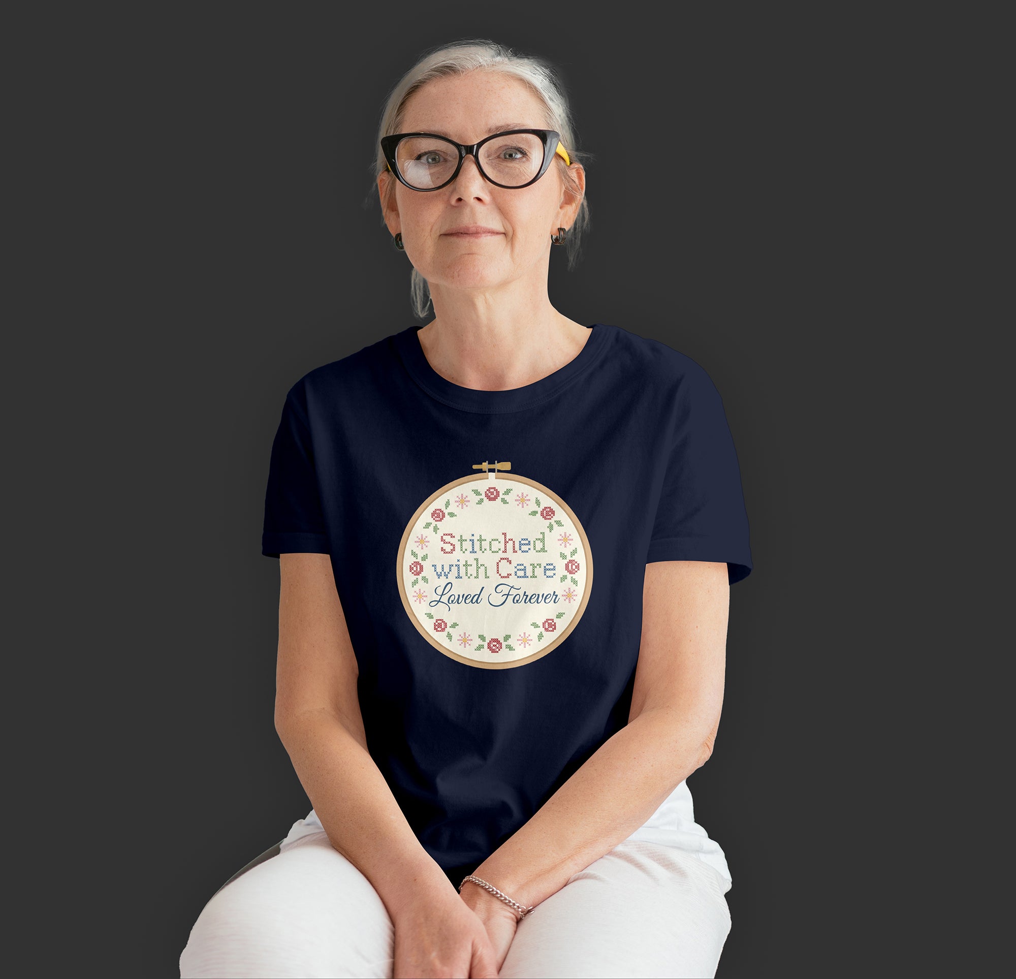 Stitched With Care Loved Forever T-Shirt – Embroidery Mom Gift