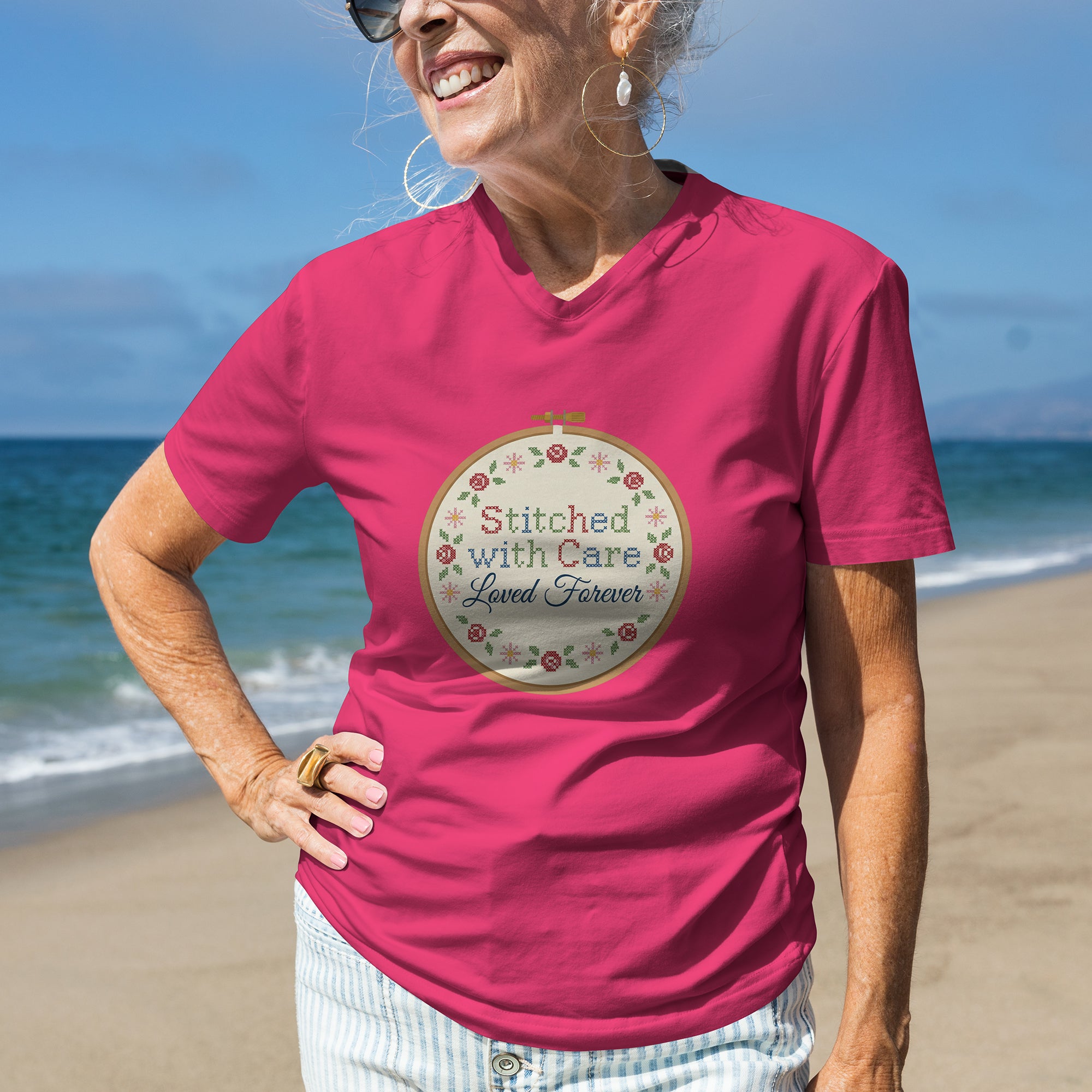 Stitched With Care Loved Forever T-Shirt – Embroidery Mom Gift