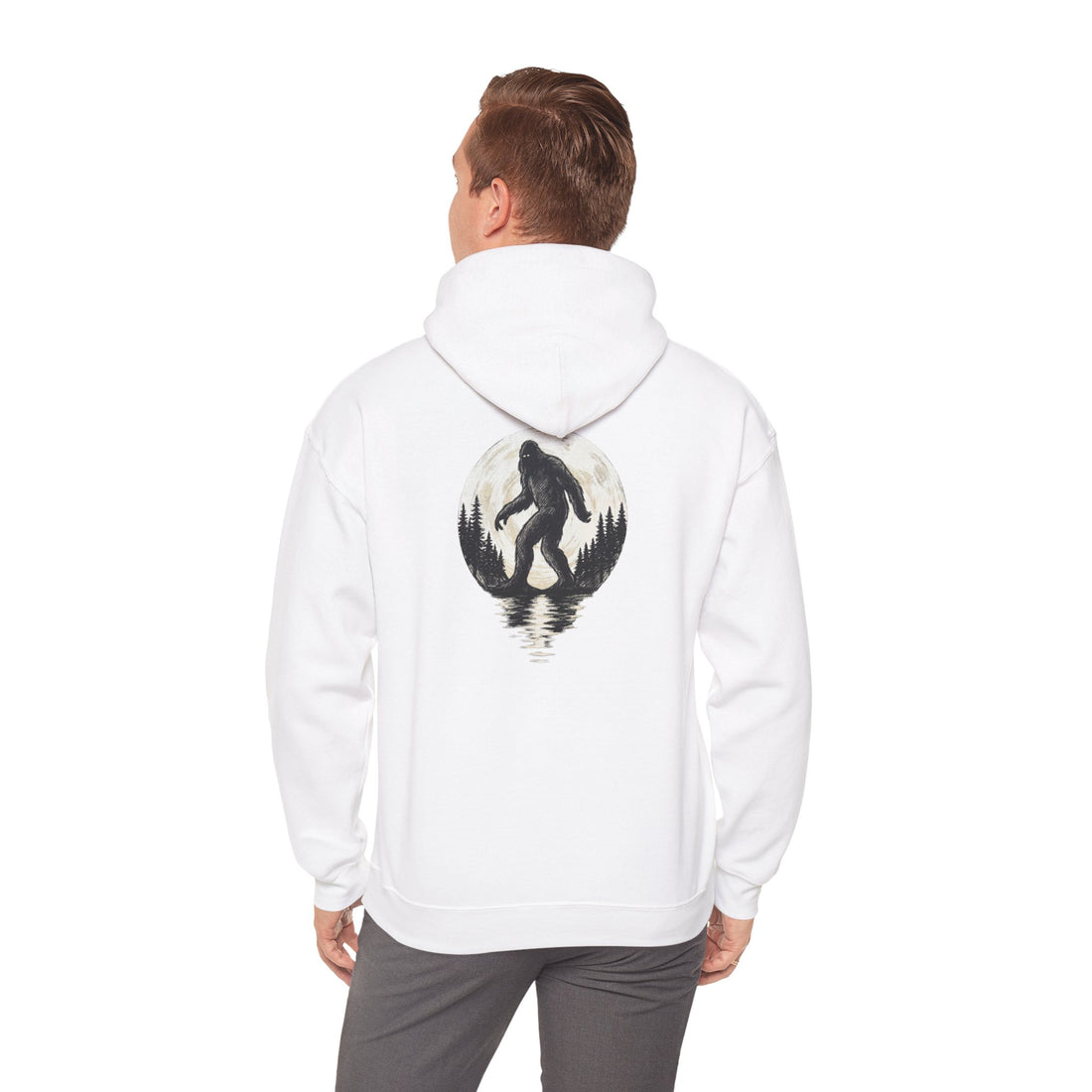 Bigfoot Moonlit Forest Hoodie — Sasquatch Silhouette on Lake Reflection
